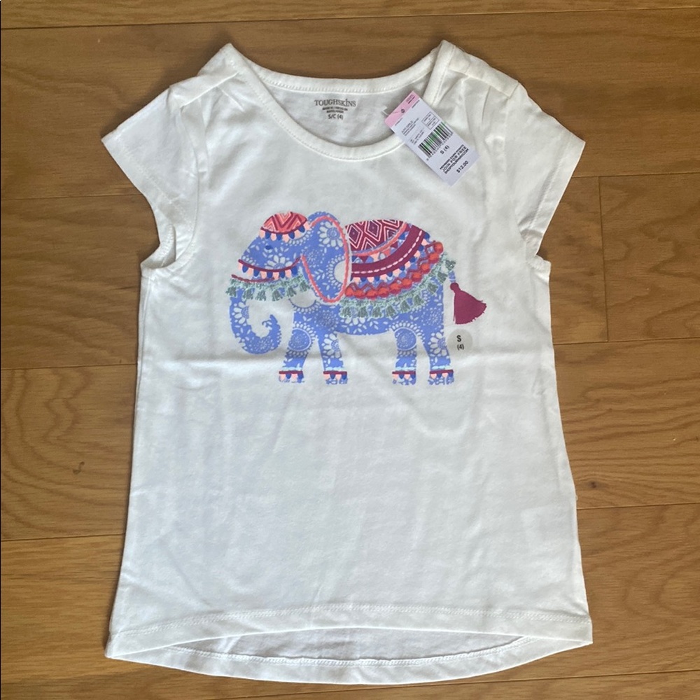 Toughskins White Short Sleeve Tee with Elephant Design